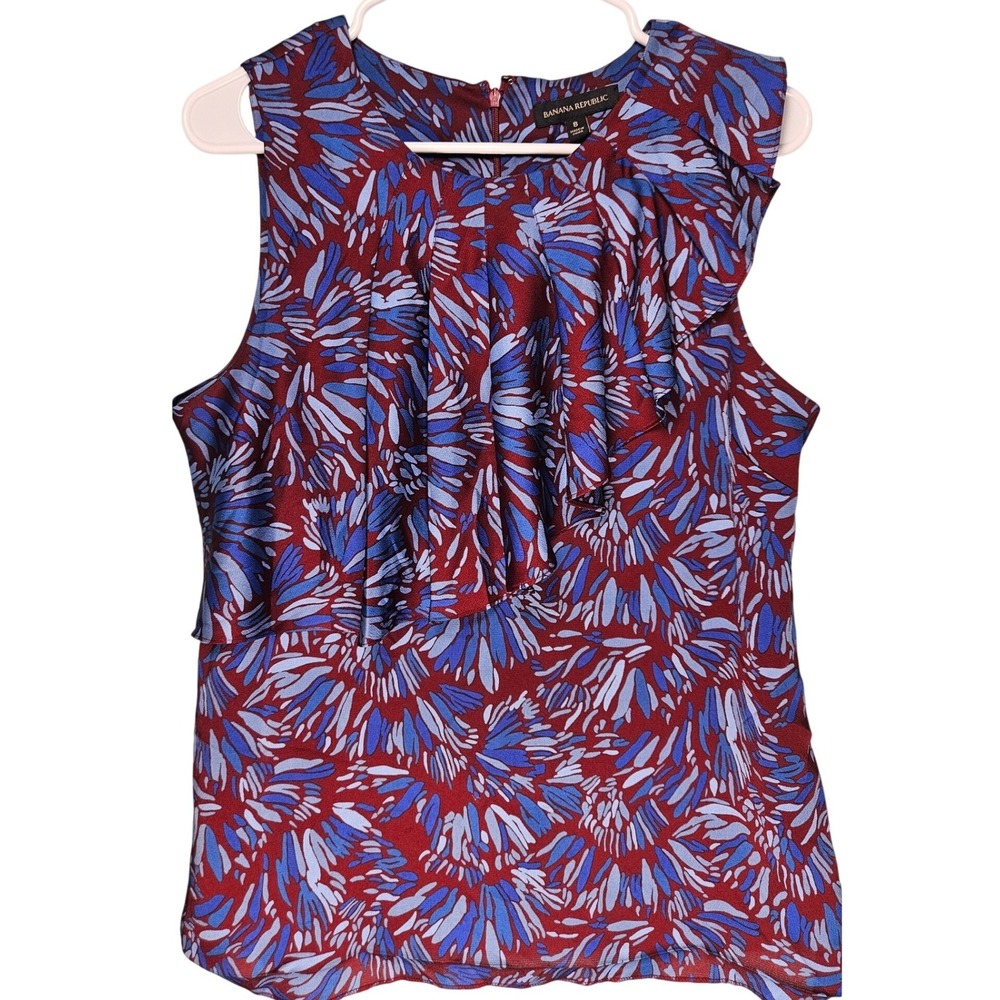 Banana Republic Ruffle‎ Front Sleeveless Blouse Burgundy Blue Abstract Sz 8 Chic